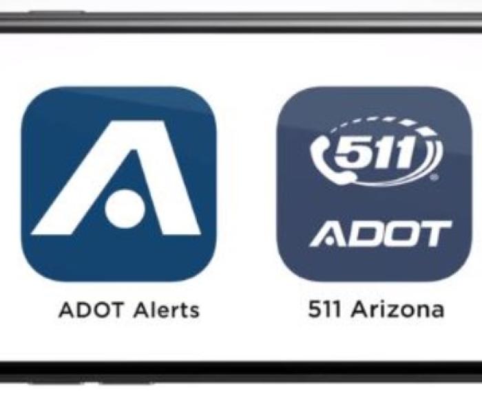 Graphic showing ADOT Alerts logo and 511 Arizona logo on smartphone
