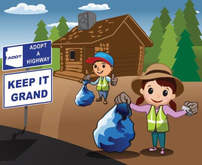Adot kids cartoon picking up trash on road.