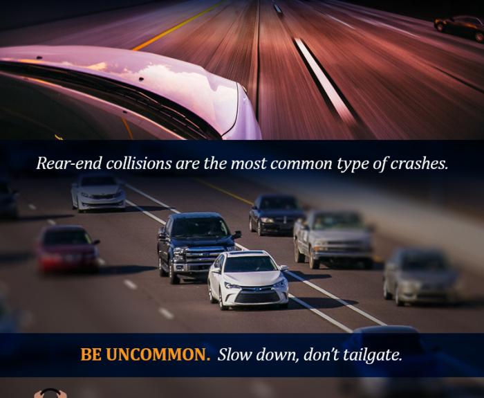 A graphic of cars driving on a highway. The text urges drivers to slow down and avoid tailgating to prevent crashes.