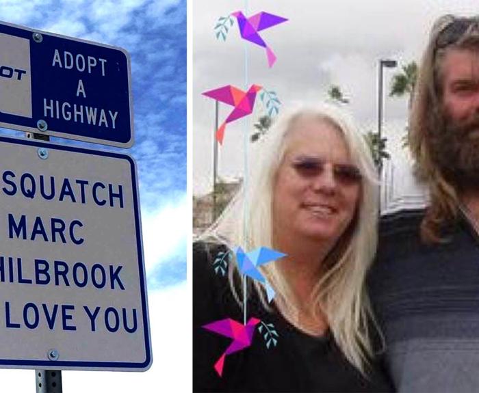 Adopt a Highway recognition sign and a photo of Marc Philbrook