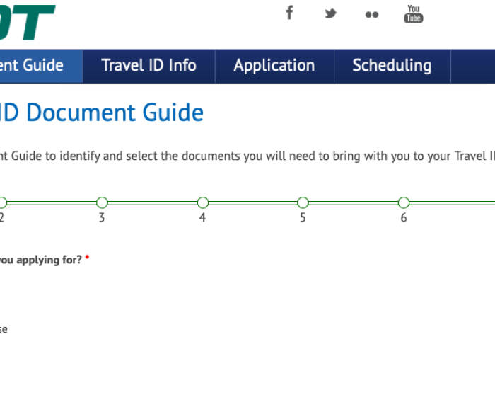 Screenshot of the ADOT Travel ID Document Guide webpage showing progress steps and options to select the type of Travel ID to apply for.