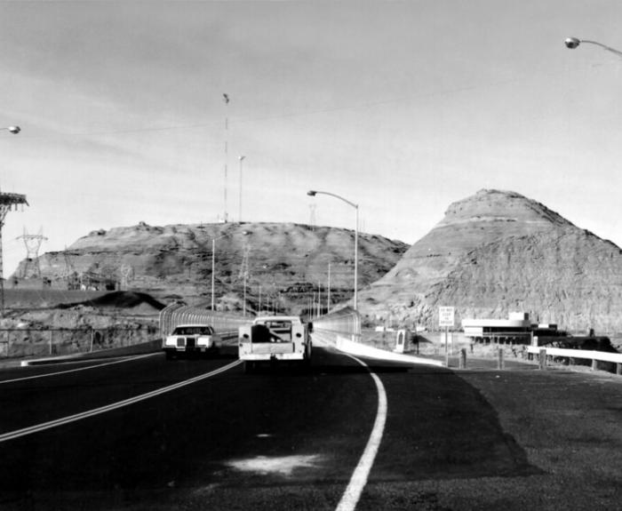 Black and white image of vehicles driving on US 89 bridge