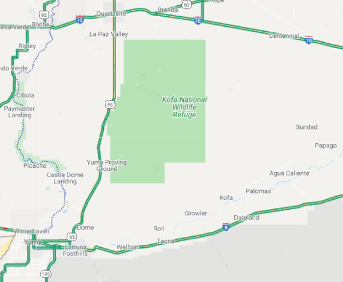 Map showing Kofa National Wildlife Refuge in Arizona, bordered by highways I-10 to the north and I-8 to the south, with surrounding towns and roads labeled.