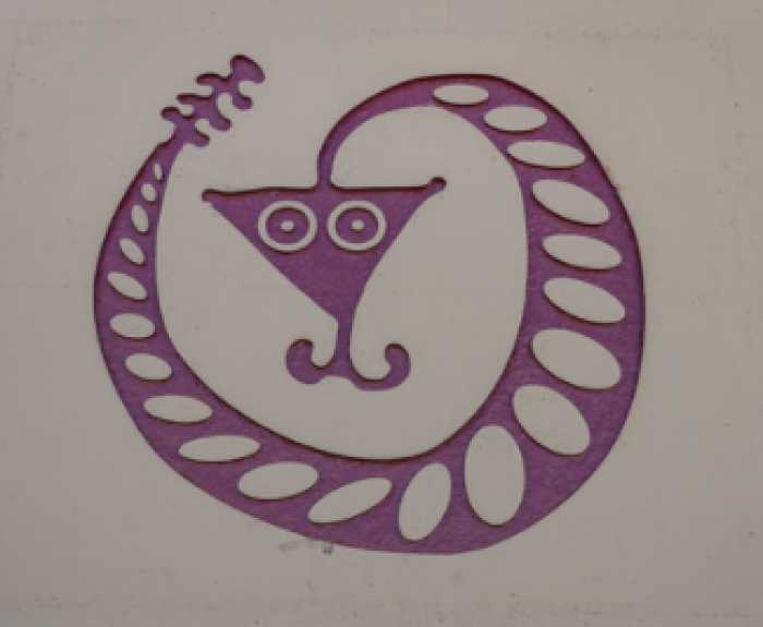 Abstract purple snake with an oval-patterned body and a triangular face on a plain background.