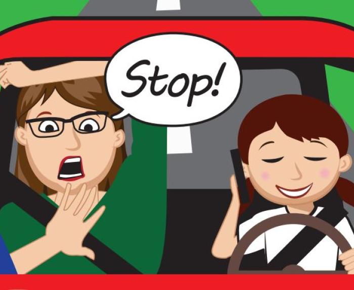 Cartoon of a worried passenger yelling Stop! as the smiling driver talks on the phone while driving a red car.