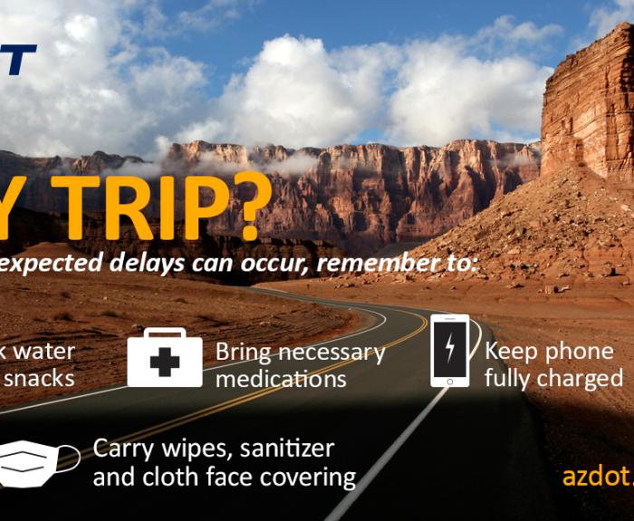A graphic showing a scenic desert road with safety tips for day trips: bring water, snacks, medications, phone, wipes, and face covering.