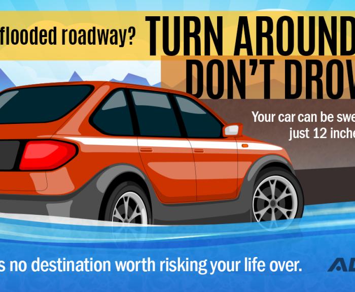 Cartoon graphic shows car in water and gives safety tips.