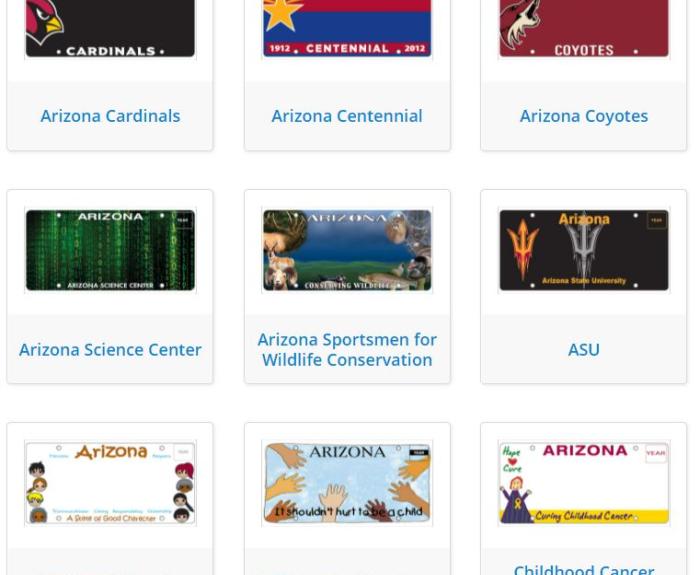 Grid of nine Arizona specialty license plate designs, each with a label, representing organizations and causes such as sports teams, education, and health awareness.