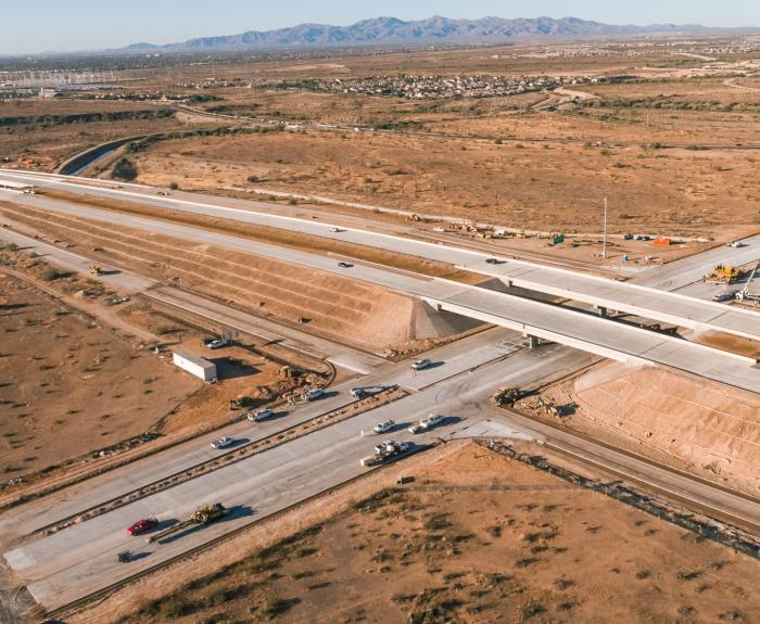 Aerial view of freeway interchange under construction