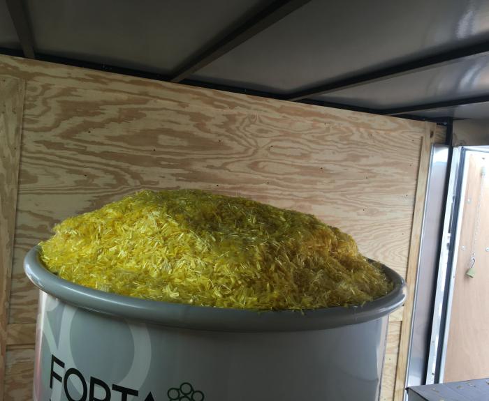 A large container filled to the top with yellow shredded material sits in a wooden-paneled room.