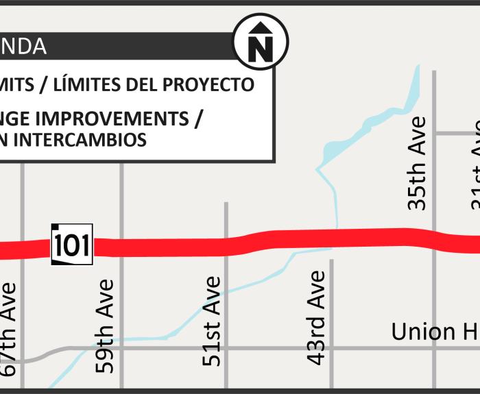 A map graphic shows project limits Arizona Route 101 from 75th Ave to 19th Ave, with interchange improvements at 75th Ave and I-17. Labels are in English and Spanish.
