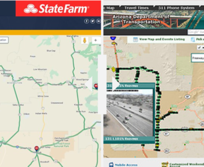 Split-screen showing two Arizona road traffic maps with live camera feeds; left map features State Farm branding, right map shows Arizona Department of Transportation website.