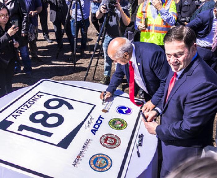 Governor Ducey and sign that marks SR 189 project groundbreaking