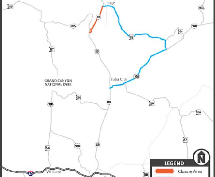 Map showing US 89 detour between Page and Bitter Springs
