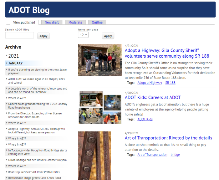 Computer screenshot showing ADOT blog posts