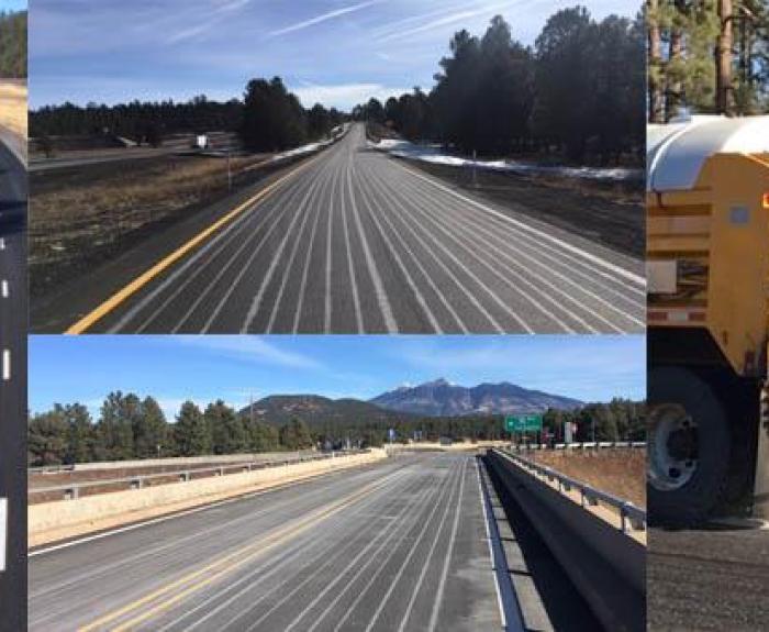 Collage of photos showing snow-removal stripes applied before storms
