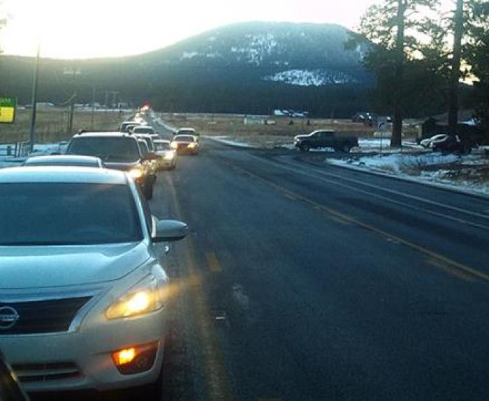 Snow-play traffic jam on US 180 near Flagstaff