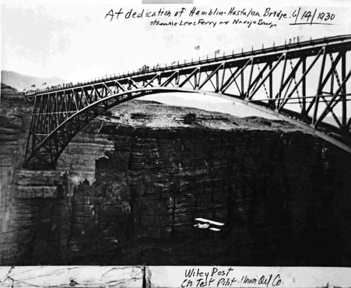 Historic photo from opening of bridge crossing Marble Canyon