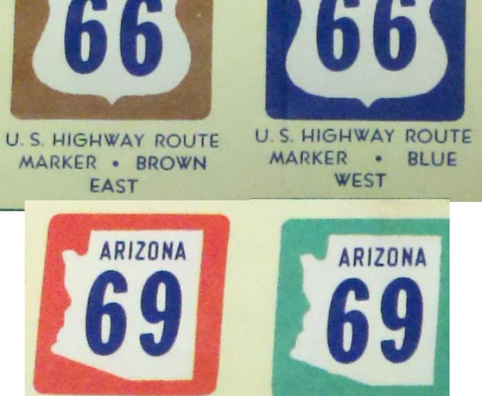 Four examples of highway designation signs with different colors