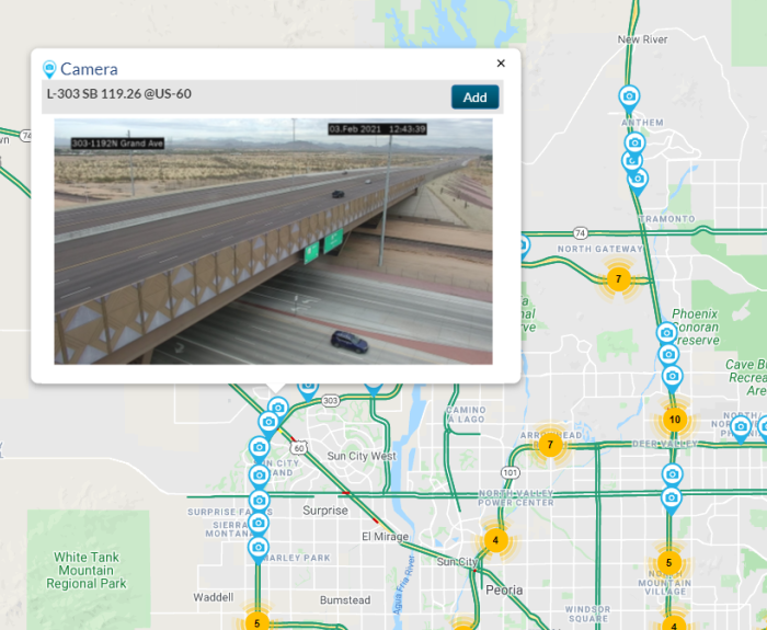 Screenshow showing Loop 303 cameras on AZ511.gov and one camera view