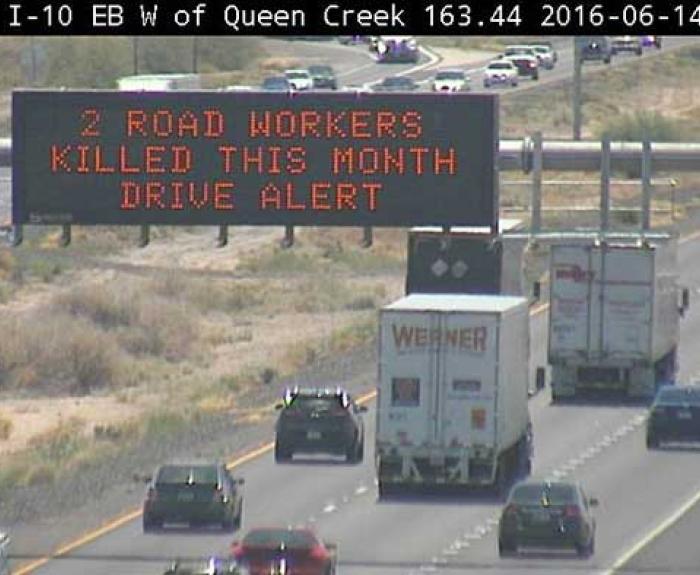 Freeway message board mentioning road worker deaths