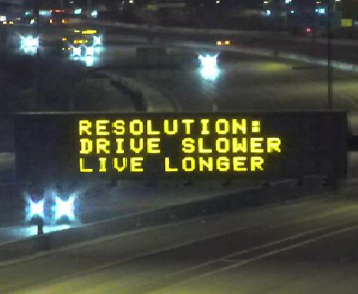 Freeway board with New Year's safety message