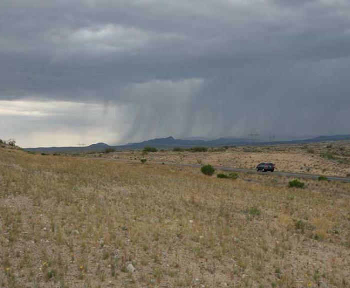 View of distant storm over grassland