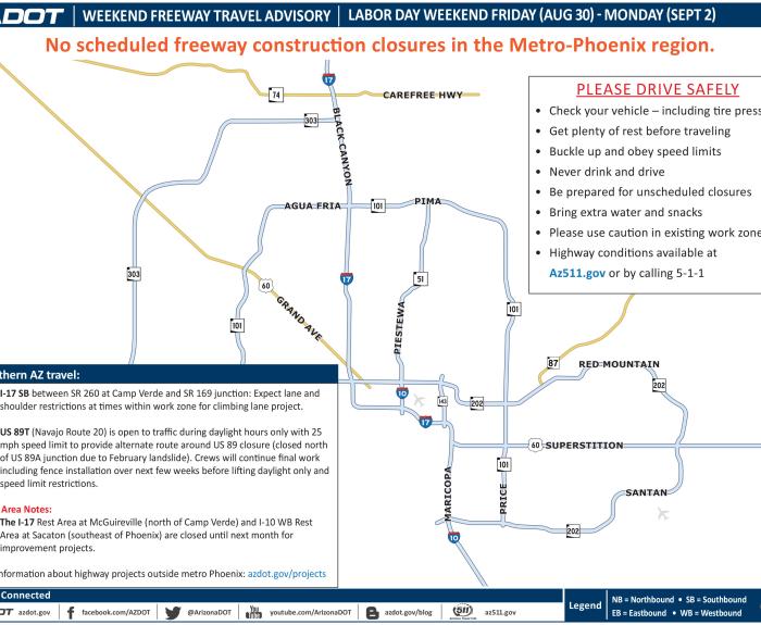 Weekend freeway restrictions map for Phoenix area