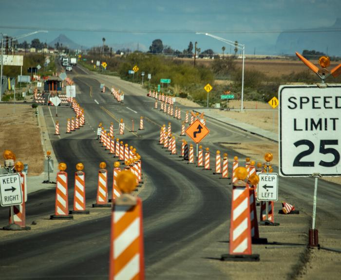 Work zone with lighted barricades