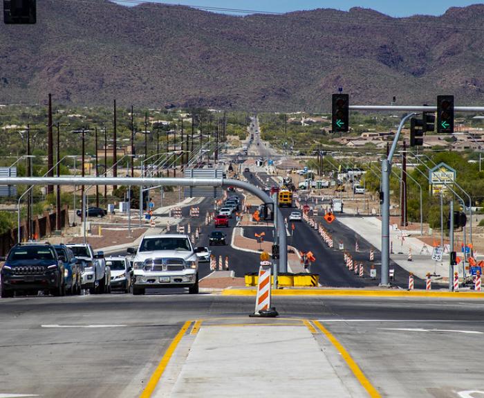 Work zone with barriers and traffic cones