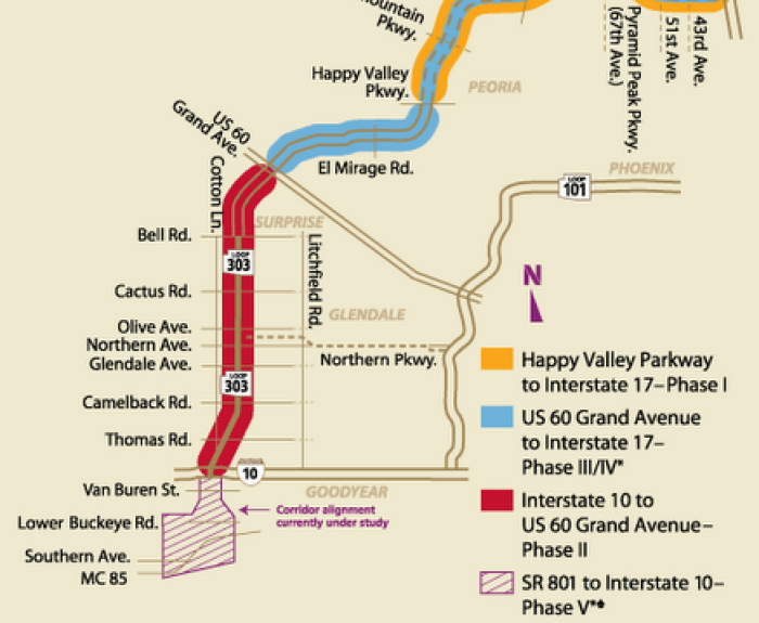 A graphic map shows proposed routes for the future Loop 303 in the Phoenix Arizona area.