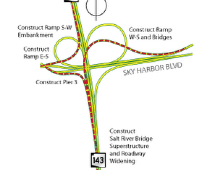 Map showing planned construction and new road alignments near Sky Harbor Blvd and Route 143 in Phoenix.