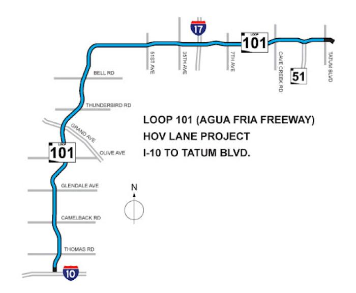 A map shows the Loop 101 HOV Lane Project route from I-10 to Tatum Blvd, with major intersecting roads and highways labeled along the freeway.