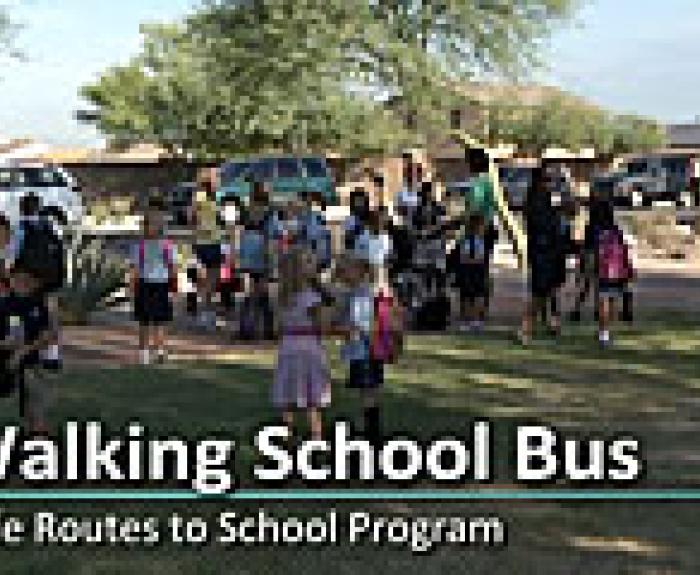 A group of children walk together to school with adults as supervisors. Text on image reads: Walking School Bus. Safe Routes to School Program.