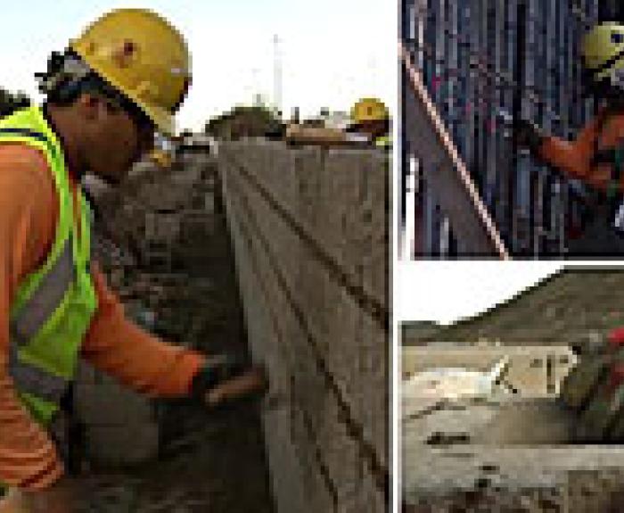 Three images show construction workers building with bricks and concrete, wearing safety gear and high-visibility vests.