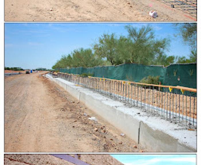 Three photos show stages of sound wall construction: workers with rebar frames, a concrete base with rebar, and a finished stone-textured wall with openings.