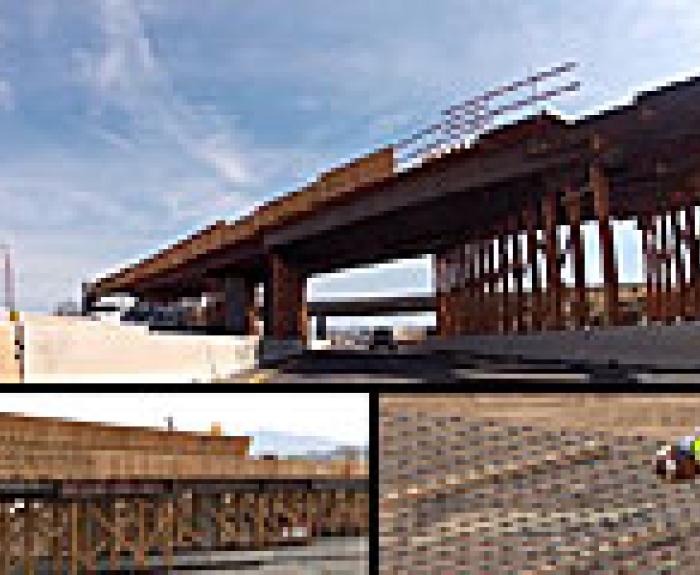 A highway overpass under construction with wooden supports, plus two insets: one shows a side view of the structure, the other shows a worker inspecting rebar.