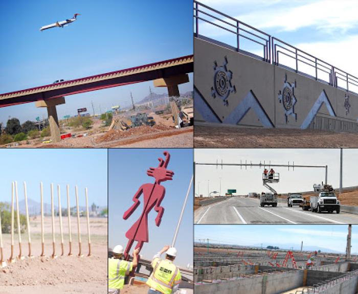 A collage shows desert highway construction, a plane taking off, shovels in dirt, Native-inspired art, workers, and traffic on finished road sections.