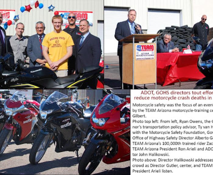 A group photo by motorcycles with officials at a podium for a TEAM Arizona safety event, highlighting efforts to reduce motorcycle crashes in Arizona.