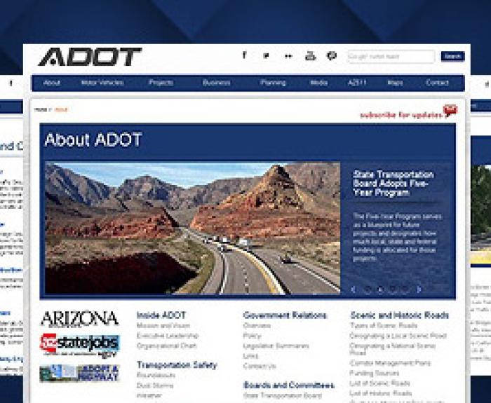 Screenshot of the ADOT website homepage, showing navigation menus, a photo of a highway through red mountains, and sections for updates and resources.