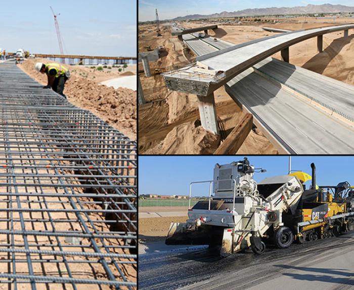 Three images show road and bridge construction: workers lay rebar, a partially built overpass spans sand, and machines pave a new road with asphalt.