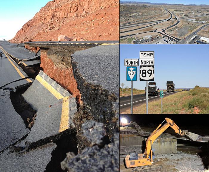 Collage of road damage, highway signs, road construction, and an excavator repairing infrastructure.