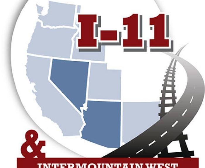Logo showing a U.S. map with western states highlighted, I-11 in bold red letters, a road and rail graphic, and text: Intermountain West Corridor Study.