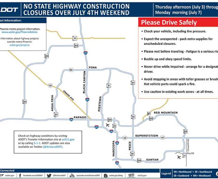 Arizona highway map with closure notice, safety tips, and a list of highways without July 4th weekend construction.