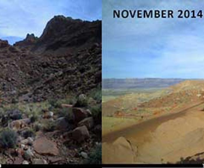 Side-by-side photos show a damaged roadway in July 2014 and construction equipment repairing the road in November 2014 on a rocky hillside.