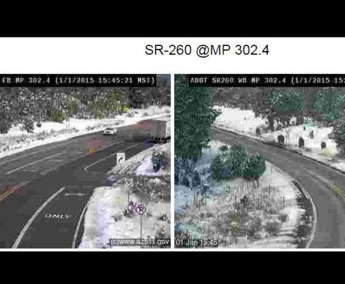 Two traffic camera images show a snowy, curved road with trees on the sides. A vehicle is driving on the road under cloudy skies.