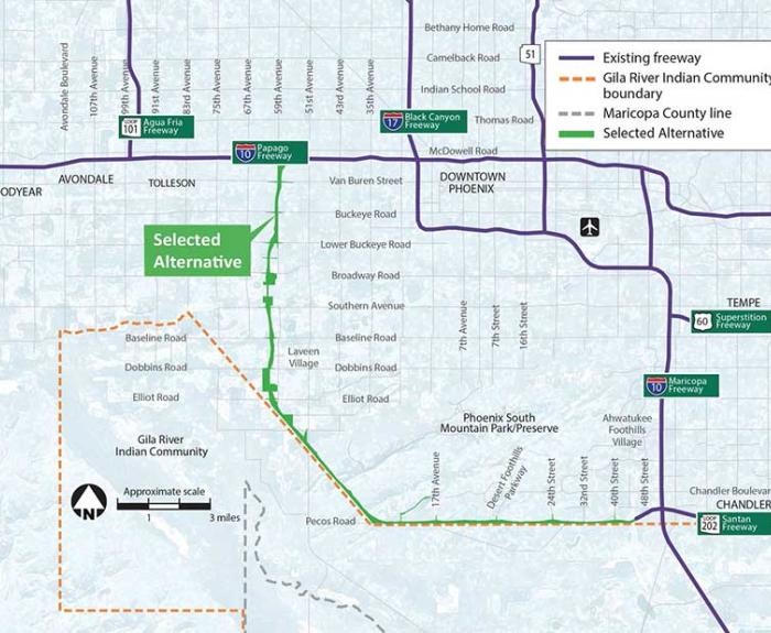 Map showing the proposed route of the Phoenix Arizona South Mountain Freeway.