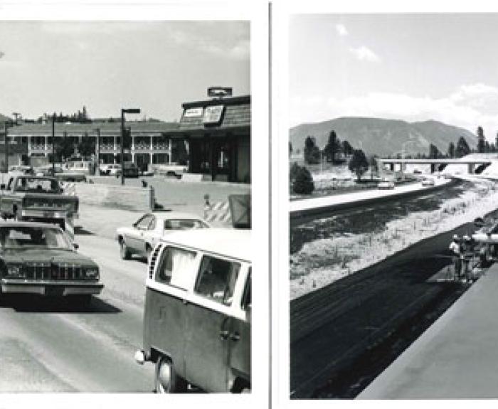 Left: cars in heavy traffic; right: road construction with paving machinery and hills in the background.