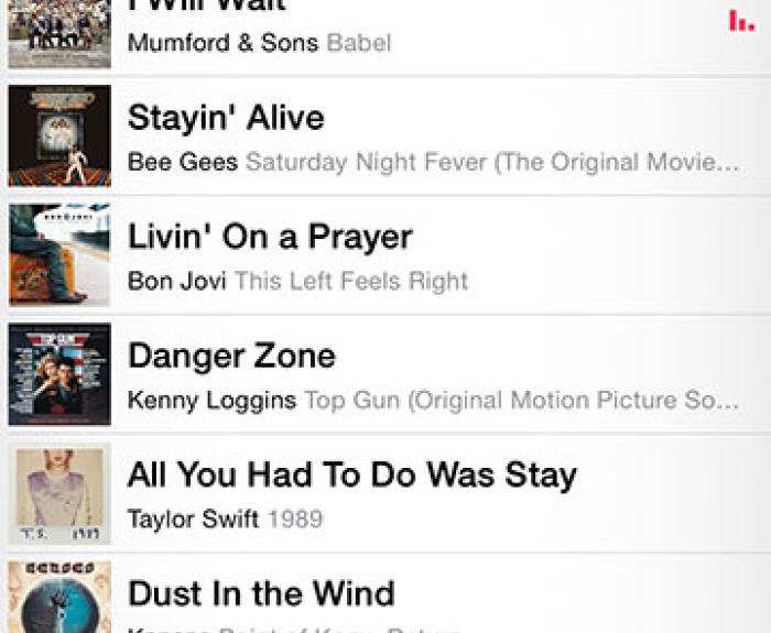 Screenshot of a music playlist titled “ADOT’s Dust Storm Playlist” with songs by The Clash, Mumford & Sons, Bee Gees, Bon Jovi, Kenny Loggins, and more.