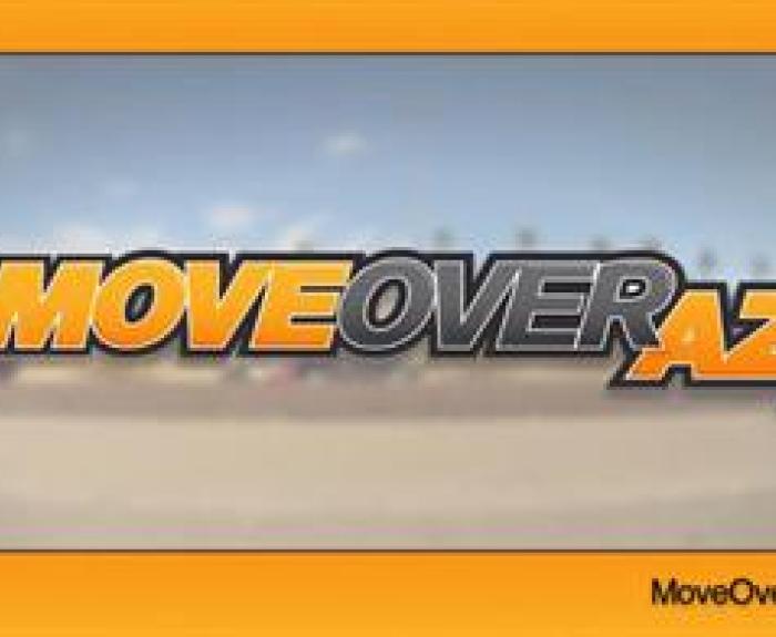 Text MOVE OVER AZ in bold letters, with a blurry road scene in the background. MoveOverAZ.org at bottom right.